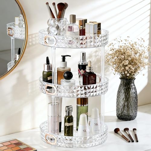 360 Rotating Makeup Organizer, 3 Tier Diamond Pattern Perfume Organizer, 10.7" Large Capacity Skincare Lotion Organizer, Designed for Vanity and Bathroom Countertops, Clear