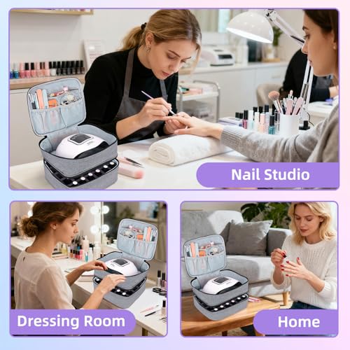 Nail Polish Organizer Holds 30 Bottles (15ml - 0.5 fl.oz) Double-layer Gel Nail Polish Kit Carrying Case, Nail Holder for Nail Lamp, Portable Nail Organizer and Storage for Nail Supplies (Gray)