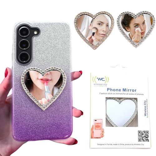 Wireless City Heart Phone Mirror Stick-On (2 Pack), Silver & Gold Diamond Bling Makeup Mirrors, 5.5cm Ideal for Makeup and Women¡¯s Touch-Ups