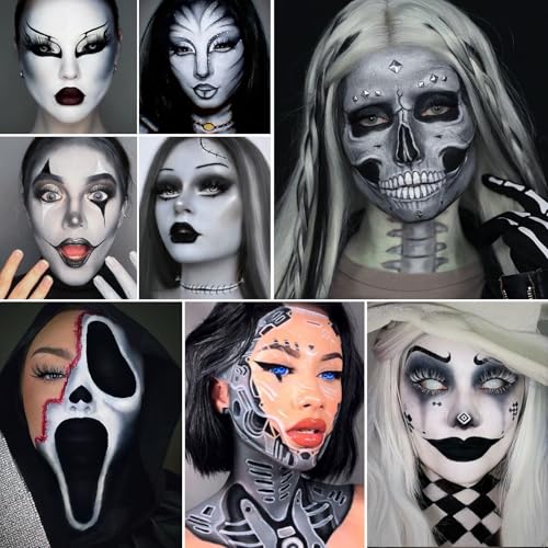 Black White Gray Face Paint Palette ? Oil-Based Grease Makeup 3-in-1 Jar with 5 Brushes & 3 Sponges ? Waterproof, Sweat-Proof, Easy On & Off SFX Makeup for Halloween, Cosplay, Gothic & Stage Looksy