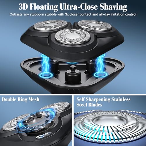Electric Razor for Men,3 in 1 Men's Rotary Shavers with Charging Stand, IPX7 Waterproof Hygiene Trimmer for Beard/Nose/Sideburns, USB-C Fast Charging, LED Display Travel Lock,Matte Black