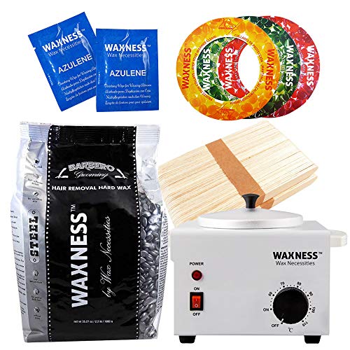 Barbero Stripless All-in-One Hard Wax Kit with Metallic Heater, 2 lb (900 g) Hard Wax Beads, 100 Applicators & Collars ? Professional Wax Removal ? Made in Italy