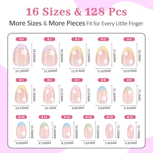 16 Sizes 128 Pieces Press on Nails for Kids, 4 pack Kids Nail Kit Colorful Flower Almond Fake Nail Tips for Girls 8-12 Years Old with Jelly Nail Adhesives & Nail Glue Birthday Easter Gifts