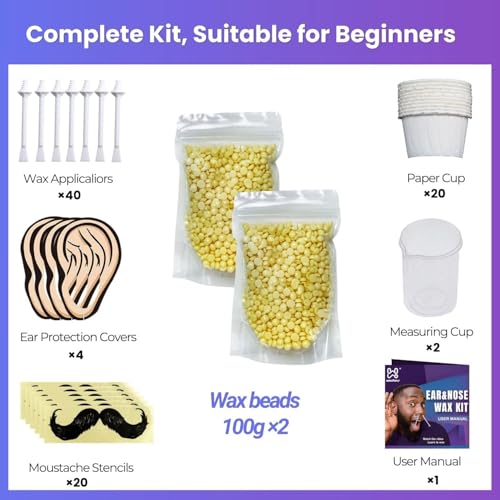 Waxfans Nose and Ear Hair Removal Kit for Men and Women - 200g Wax for 20 Uses, Long-lasting for 4 Weeks (Purple&Blue)