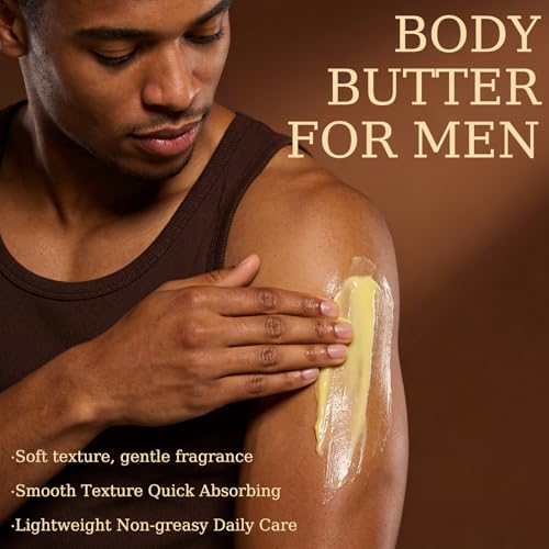 Premium Men's Moisturizing Body Butter - Infused with Natural Shea Butter & Mango Butter - Warm Woody Cologne Scent with Sandalwood Notes - Long Lasting Hydration - 5oz Men's (Sandalwood)