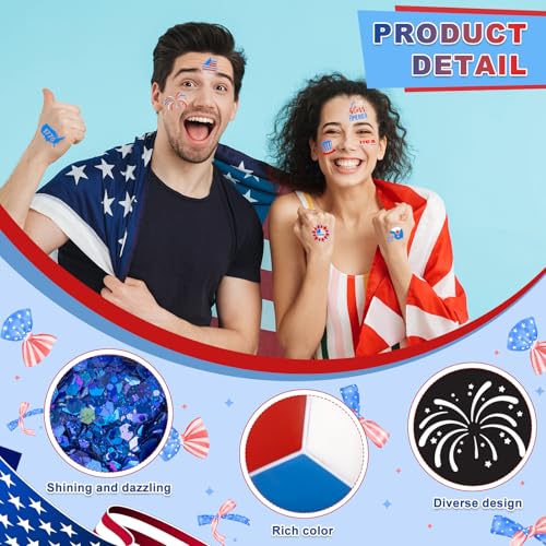 19 Pcs Red White Blue Face Paint Kit Patriotic Stripe Fan Brush Stick 3 Color Face Glitter Powder Stencil Stickers with Makeup Brush Independence Day Face Painting Kit for Memorial Day Party Favors