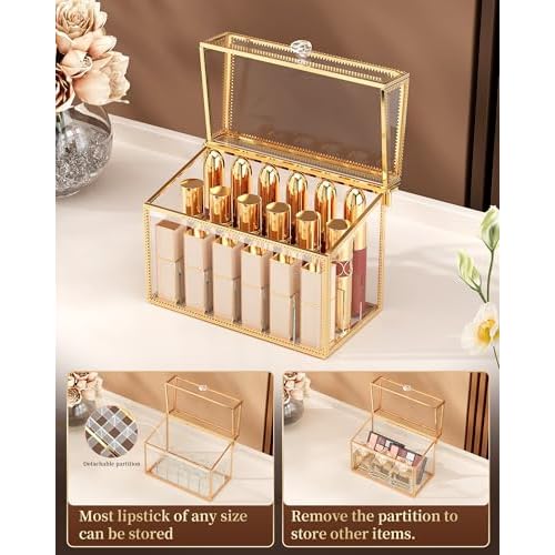 Lipstick Organizer,Luxury Tempered Glass Lipstick Holder & Nail Polish Organizer, 18-Slot Vanity Cosmetic Organizer with Removable Dividers, Gold