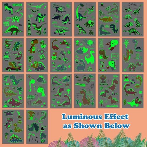 160 PCS Luminous Dinosaur Temporary Tattoos for Kids, Glow Dinosaur Decorations for Birthday Party Supplies Favors for Boys and Girls, Dinosaur Tattoos Stickers for Stocking Stuffers (20 Sheets)