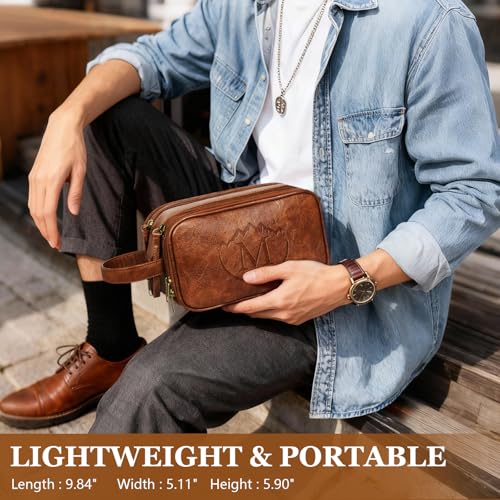 Travel Toiletry Bag for Men,Mens Shaving Bags for Toiletries,Men's Toiletry Travel Bag PU Leather,Personalized Travel Essentials,Birthday Gifts For Men,Brown- M