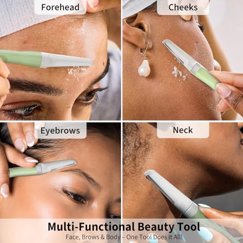 Dermaplane Razor for Women Face, Precision Face Razors for Women, Dermaplaning Tool, Gentle Exfoliation, Facial Hair Removal and Perfectly Shape Brows, Reusable Metal Handle with 4 Microblades, Green