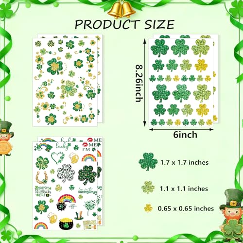 160pcs St Patricks Day Temporary Tattoos Glitter Shamrock Face Tattoos Clover Body Stickers for Irish Party Favors Parades Accessories Saint Patricks Day Decorations(st160)