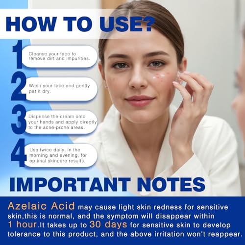 10% Azelaic Acid Acne Cream, Premium Azelaic Acid Facial Cream - Redness Relief For Face, Redness Reducing Skin Care, Prevents Acne Breakouts, Ease Pimple Clarify Skin Soothe Irritation,1 Oz