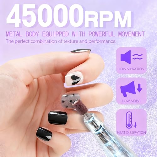 Kylara Electric Nail Drill Professional,45000RPM Portable Nail Drill Kit Cordless E Filer for Acrylic Gel Nails Polishing Removing with LED Display,Low Noise Electric Nail File for Salon&Home