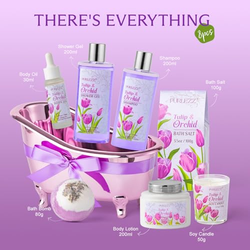 Spa Gift Basket, Mother's Day Gift for Mom - 8 Pcs Tulip scents Bath & Body Gift Set for Women, Spa Gift Kit, Birthday Gifts, Self Care, Pampering Gifts for Her, All Occasion Holiday Present
