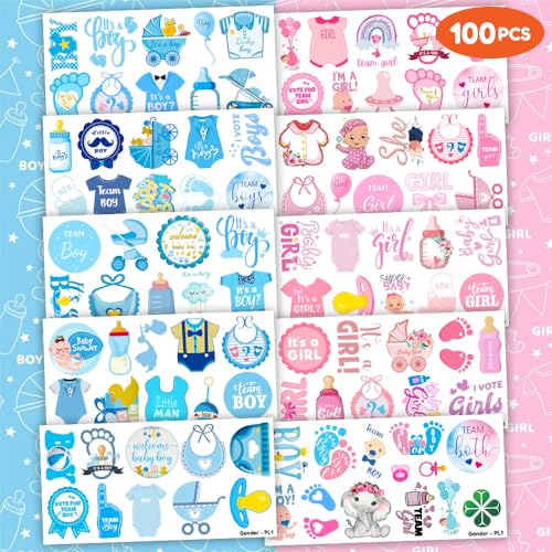 100 PCS Gender Reveal Temporary Tattoos Themed Birthday Party Decorations Favors Supplies Decor Baby Boy Or Girl Pink And Blue Tattoo Stickers Gifts For Game Kids Boys Girls Classroom School Prizes