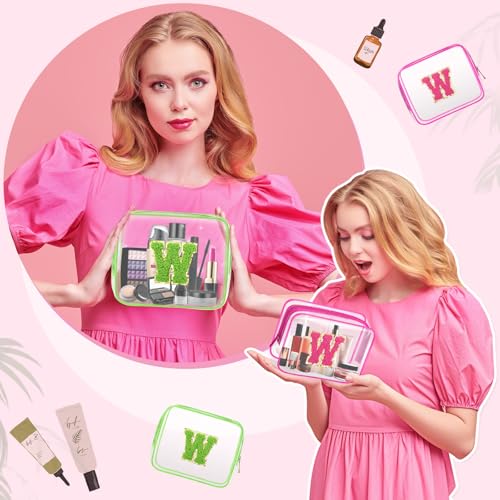 Eccliy 12 Pcs Pink Green Gift Bags Makeup Bag with Chenille Letter Patches Portable Travel Cosmetic Pouch with Zipper PVC Toiletry Bag for Witch Party Baby Shower, Birthday, Party Favor