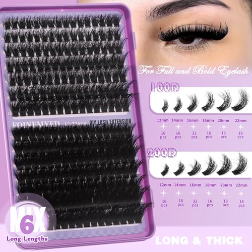 Lash Clusters Kit 100D+200D Thick Volume Eyelash Clusters Kit 12-22mm Long Cluster Lashes Eyelash Extensions Kit Individual Clusters Lashes Kit DIY at Home D Curly Lash Extension by FOINEMYED