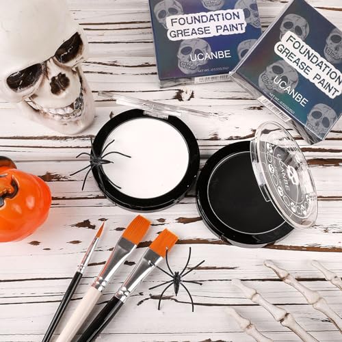 UCANBE Black White Face Body Paint with Painting Brush Kit, Cream-to-Powder Goth White Foundation + Black Greasepaint for Kids & Adult Halloween, SFX Makeup Set for Clown Skull Mime Cosplay & Costume