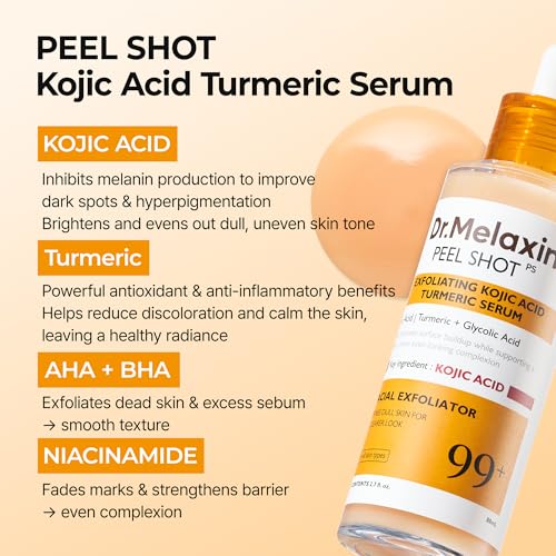 Dr. Melaxin Peel Shot Kojic Acid Turmeric Serum ? Exfoliating Dark Spot Corrector with AHA/BHA & Niacinamide, Brightening & Even Tone Facial Serum (80ml / 2.70 fl oz)