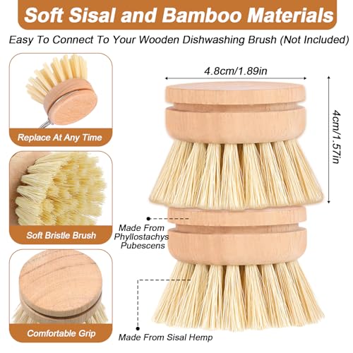 12 Pcs Bamboo Dish Brush Replacement Heads, Natural Sisal Bristle Refills, Eco Friendly Compostable Scrubber Heads for Cleaning Kitchen Utensils