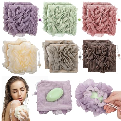 SHENLIU 12 Pack Loofah Washcloth Soap Bar Loofah, 2 in 1 Drawstring Exfoliation Bath Sponge with Bar Soap Pocket Exfoliation Mesh Shower Puff Ball Bath Shower Body Wash Cleansing Smooth Skin