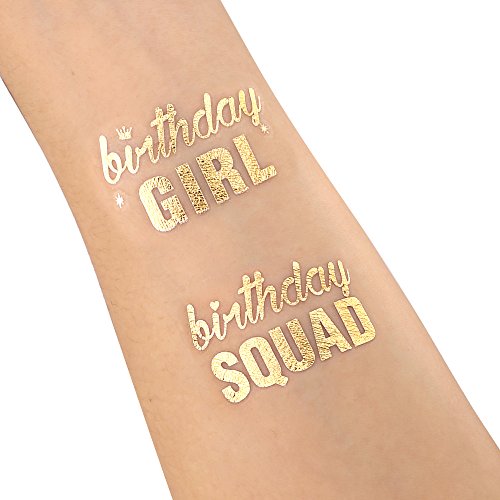 Birthday Tattoos(32Designs),Konsait Metallic Temporary Tattoos for Girls Kids Birthday Party Celebration Accessories-Birthday Girl,Birthday SQUAD,Cheers,Happy Birthday Party Bag Filler Favors Supplies