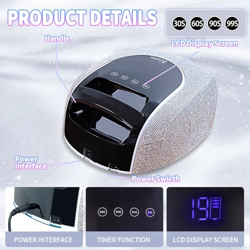 UV LED Nail Lamp,96W Rechargeable Cordless Nail Lamp Gel Polish UV Nail Lamp,Diamond Professional Curing Lamp with 4 Timer Setting,Handle,Big Display Auto Sensor for Salon & Home