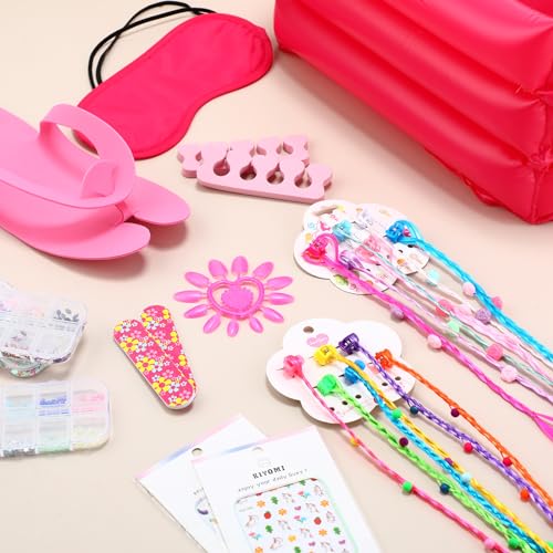 85 Pcs Spa Kit Nail Art Kit Sleepover Party Supplies with 12.5 x 12.5 in Inflatable Foot Tubs Foot Bath Towel and Basket DIY Manicure Pedicure Set for Slumber Party(Rose Red)