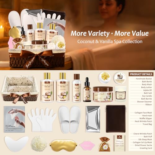 Bath and Body Gift Basket Set for Women - Coconut Vanilla Spa Gift Basket - Premium 21?Piece Luxury Bath & Body Gift Set for Self Care - Gift ready for Valentines Birthday Gifts