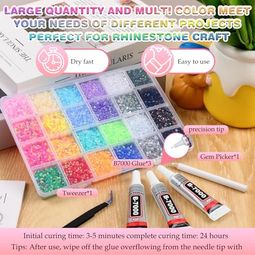 3mm Colorful DIY Resin Rhinestone Kit for Bedazzling, Multicolor Flatback Gems, 3Pcs 10ml B7000 Jewelry Glue for Bedazzled Nail Art Clothing Shoes Nail Book Diamond Art (24000)