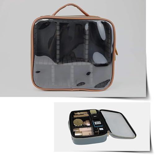Clear Makeup Case - Cosmetic Case with Dividers, Large Capacity Makeup Bag, Pu Leather Organizer (Brown)