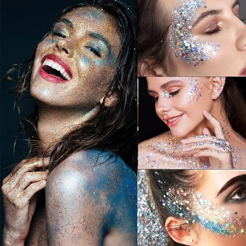 12 Vibrant Shades Face & Body Glitter Gel Set - Long Lasting Cosmetic Glitter for Festival Makeup, Hair Sparkles, Carnival Parties - Waterproof Non-Irritating
