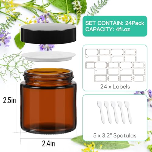 4 oz Amber Round Glass Jars with Black Lids 24 Pack- Portable Empty Glass Containers with Inner Liners for Cosmetic, Food Storage, Body Butters, Body Butter, Candle Jars