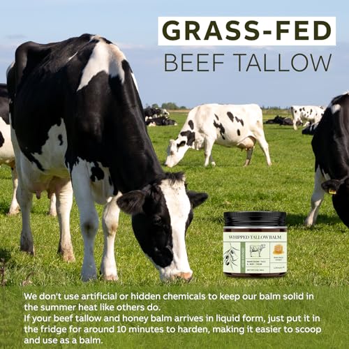 Beef Tallow for Skin, Beef Tallow and Honey Balm, All-Natural Face Body Moisturizer Nourishes and Hydrates the Skin, Grass Fed Whipped Balm Infused with Raw Wild Honey 2oz