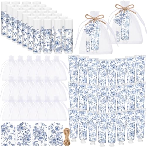 Loopeer 36 Sets Blue Floral Bridal Shower Hand Cream and Lip Balm Gift Bulk Blue Flower Wedding Favors Travel Size Hand Lotion and Lip Balm Wedding Bridal Baby Shower Party Supplies for Guests