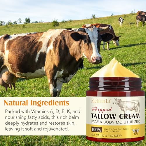 Beef Tallow for Skin, Beef Tallow and Honey Balm 4.2oz, Tallow Face Moisturizer, Organic Grass - Fed Whipped Beef Tallow and Honey Balm - Deeply Moisturizing for Face & Body, Softens Dry