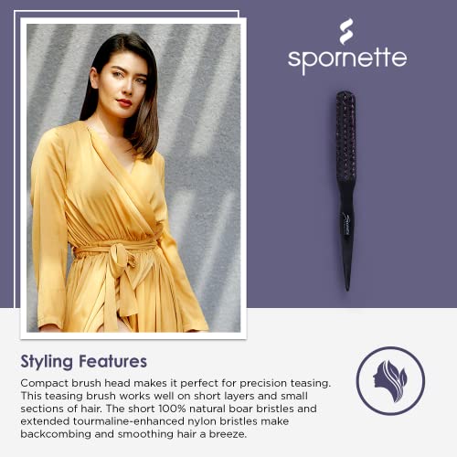 Spornette Boar Bristle Hair Brush for Women & Men - Little Wonder Small Teasing Brush - Create Slick Backs & Volume - Boar & Tourmaline Nylon Bristles for Back Brushing & Combing (Purple)