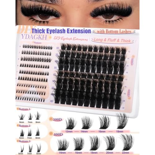 Thick Lash Clusters 300D+400D Volume Eyelash Clusters 12-22mm Long Fluff Cluster Eyelash Extensions Mega Full DIY Salon-look Wispy Lash Extension with Bottom Lashes 5 Styles 220Pcs
