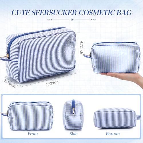 Sanwuta 10 Pcs Seersucker Cosmetic Bag Seersucker Makeup Bag Women Stripe Large Travel Toiletry Organizer Preppy Storage Pouch for Embroidery Wedding Bridesmaid Bride Mom(Sea Blue)