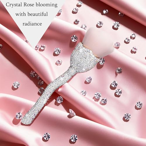 SlowVibes Rhinestone Foundation Brush,Rose Shape Bling Diamond Blush Brush Soft,Large Face Powder Makeup Brushes,Sparkle Cosmetic Nail Dust Brush,Loose Powder Brush,Women Professional Makeup Tools