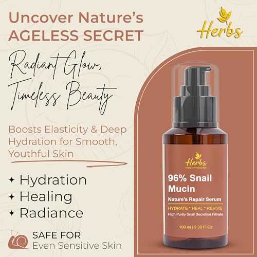 Herbs Healthy Healing Snail Mucin 96% Essence ? Korean Hydrating Face Serum (3.38 fl oz) ? Nourishing Skincare for Fine Lines, Uneven Tone & Dehydrated Skin ? Lightweight, Fast-Absorbing Formula