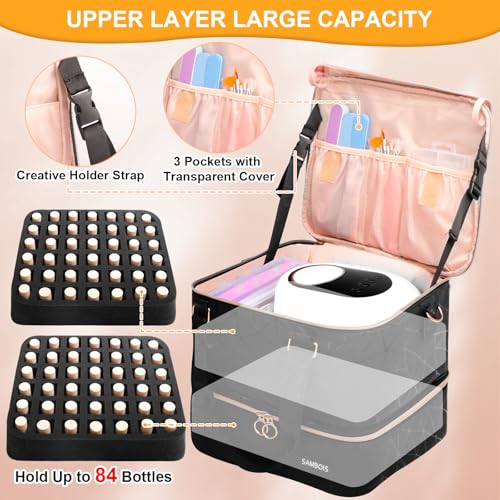 Nail Polish Organizer Bag Holds 84 Bottles (15ml/0.5 fl.oz)& Nail Lamp, PU Leather Nail Supplies Organizer with Holder& Shoulder Strap, Portable Travel Nail Kit Storage Carrying Case (Black)