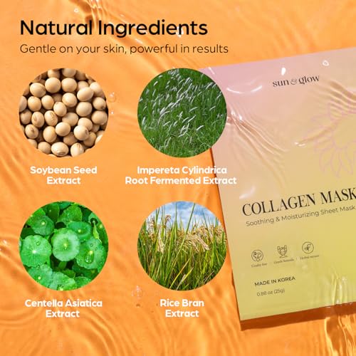 SUN & GLOW VEGAN COLLAGEN MASK Including Natural Elements Fermented 7-Layer Hyaluronic Acid Complex Soothing and Moisturizing Skin Korean Home Skincare Mask (0.88oz 25g 5Packs)