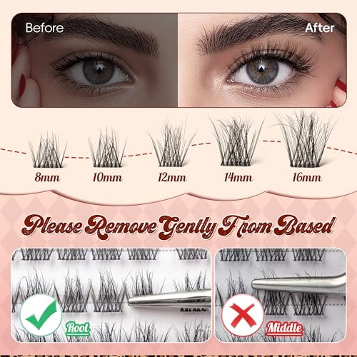 Lash Clusters 0.05mm PBT Fiber Eyelash Clusters, 0.1mm Superfine Invisiband D Curl Diy Lash Extension, 96pcs 8-16mm Individual Like Eyelash Extensions (Velvet-D-8-16Mix)