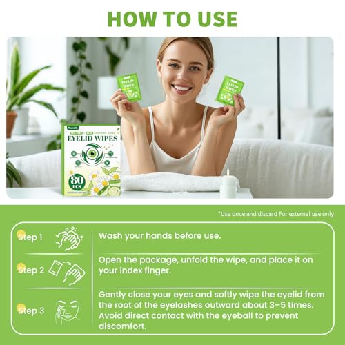 80 Pcs Eyelid Wipes with Tea Tree Oil, Individually Wrapped Eye Lid Cleansing Wipes for Sensitive Eyes, Alcohol-Free Daily Eyelid Cleanser & Gentle Eye Care