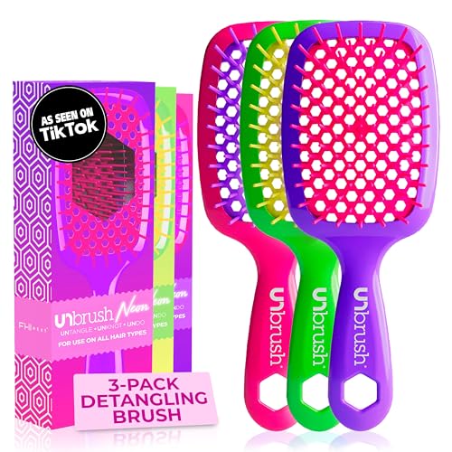 FHI Heat UNbrush Detangling Brush (3-Pack Bundle) ? Hair Brush for All Wet/Dry Hair Types ? Pain-Free Detangler Brush w/DuoFlex Anti Static Bristles ? Lightweight Travel Hair Brush (Neon Collection)