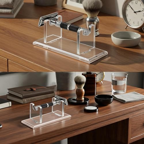 2 Pcs Acrylic Men's Razor Stand Holder Safety Razor Stand Stable Storage Bracket Shaving Brush Stands Bathroom Compatible with MK23C, Clear