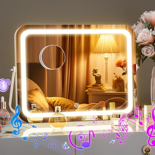 Hasipu LED Makeup Mirror with Bluetooth Speaker, 14" x 10" Wide-Screen Vanity Mirror with Lights, 3 Modes Light, Smart Touch Control Dimmable, Rectangle White Frame