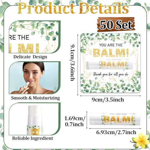 50 Pack Appreciation Lip Balm Gifts Bulk, Thank You Party Favors for Employee Staff Coworker Teacher Friend Volunteer Women Men, Spring Gift Eucalyptus leaf You Are the Balm