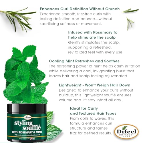 Difeel Rosemary & Mint Styling Souffl? 12 oz. - Nourishing Curl Defining Souffle for Wavy Hair, Curly Hair & Coils